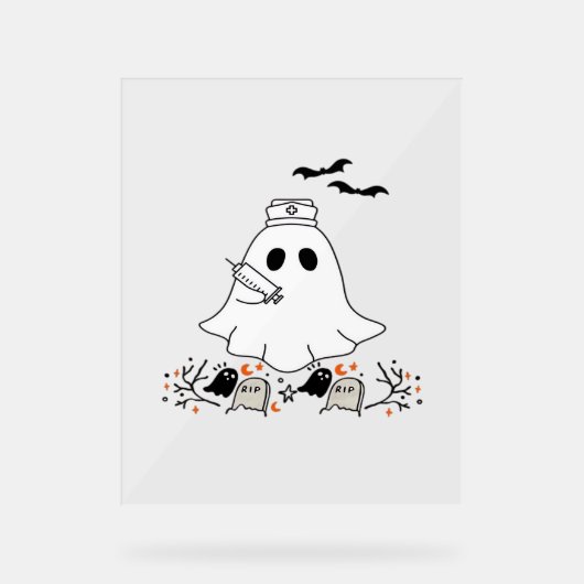 ナース幽霊かわいいハロウィンクラシックデザインTシャツ アクリルサイン (正面)