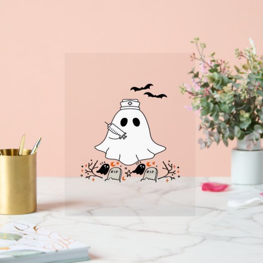 ナース幽霊かわいいハロウィンクラシックデザインTシャツ アクリルサイン (ウェディング)