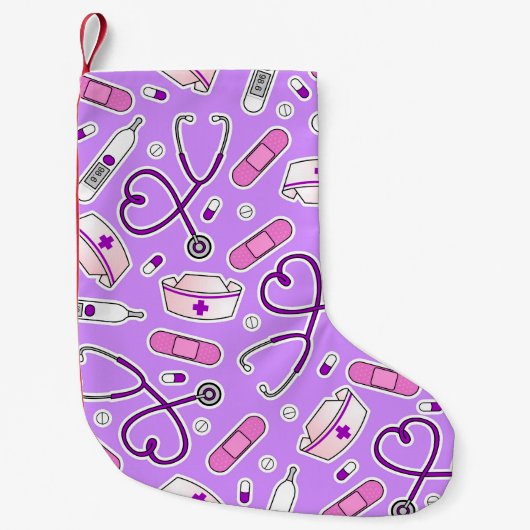 ナース愛プリントの紫色の背景 スモールクリスマスストッキング (正面)