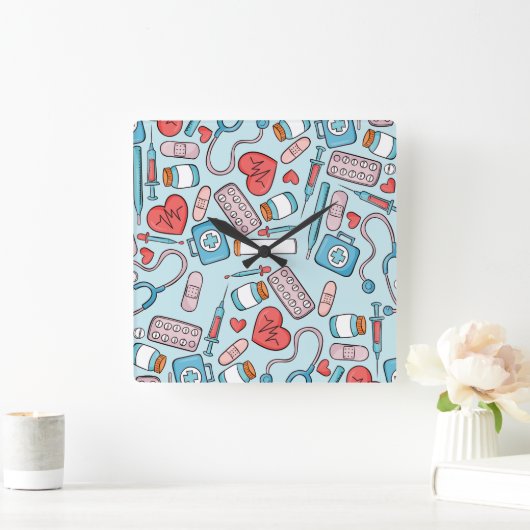 ナース漫画グラフィック繰り返しパターンの背景 スクエア壁時計 (ホーム)