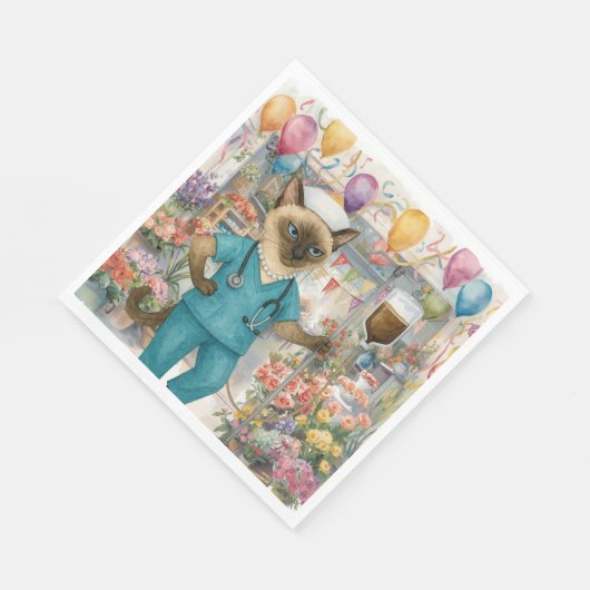 ナース猫の誕生会と花と風船 スタンダードランチョンナプキン (角)