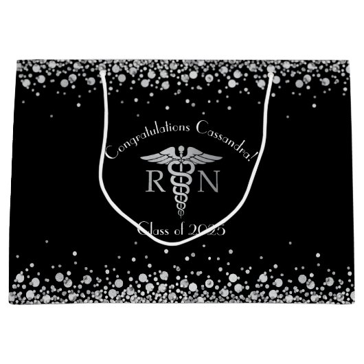 ナース看護学校卒業パーティブラックシルバー ラージペーパーバッグ (正面)
