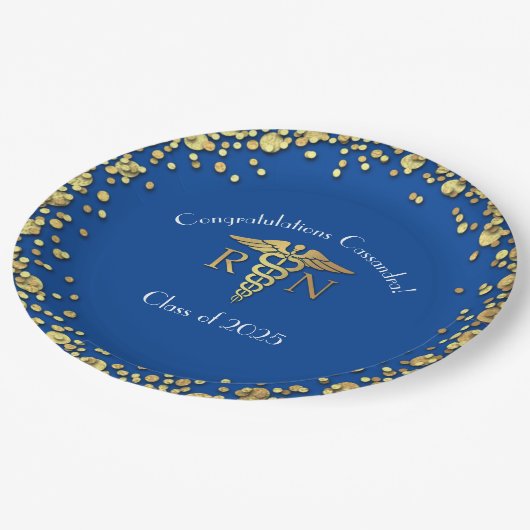ナース看護学校卒業パーティブルー金ゴールド ペーパープレート (アングル)