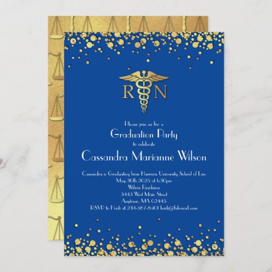 ナース看護学校卒業パーティブルー金ゴールド 招待状 (正面/裏面)
