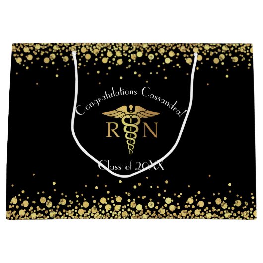 ナース看護学校卒業パーティーブラック金ゴールド ラージペーパーバッグ (正面)