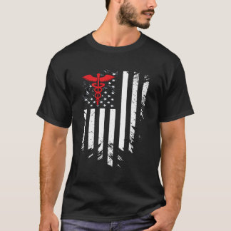 ナース薄赤線カドゥセウス米国国旗 Tシャツ
