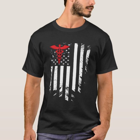 ナース薄赤線カドゥセウス米国国旗 Tシャツ (正面)