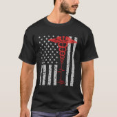 ナース薄赤線カドゥセウス米国国旗 Tシャツ (正面)