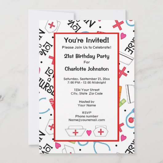 ナース誕生日パーティーお祝いホワイトレッド 招待状 (裏面)