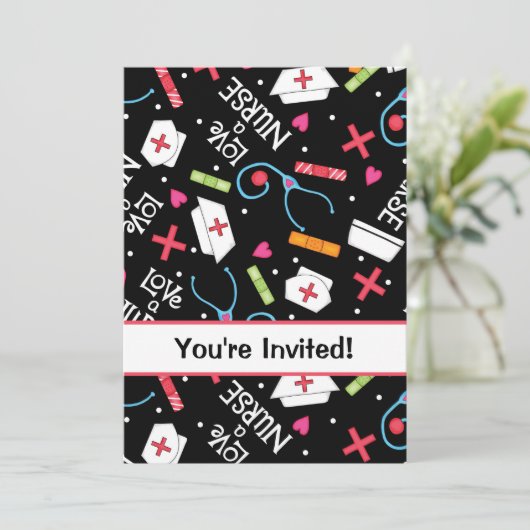 ナース誕生日パーティーお祝い白黒 招待状 (スタンド正面)