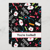 ナース誕生日パーティーお祝い白黒 招待状 (正面/裏面)