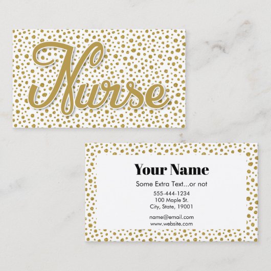 ナース金ゴールドドット – 金ゴールド白フェイクグリッター 名刺 (正面/裏面)