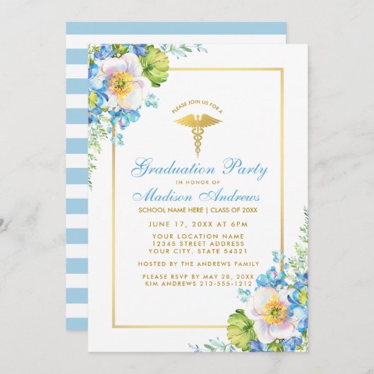 ナース金ゴールドブルーフローラグラードパーティー招待状S 招待状 (正面/裏面)