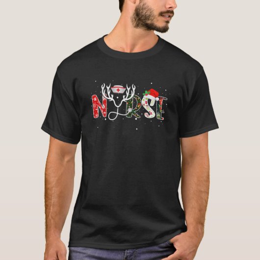 ナース クリスマス 聴診器 トナカイ サンタ帽子 看護師 Tシャツ (正面)