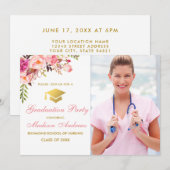 ナース フローラル ピンク 卒業パーティー 招待状 (正面/裏面)