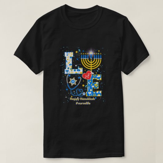 ナース ライフ ラブ ハッピーハヌカ Tシャツ (デザイン正面)