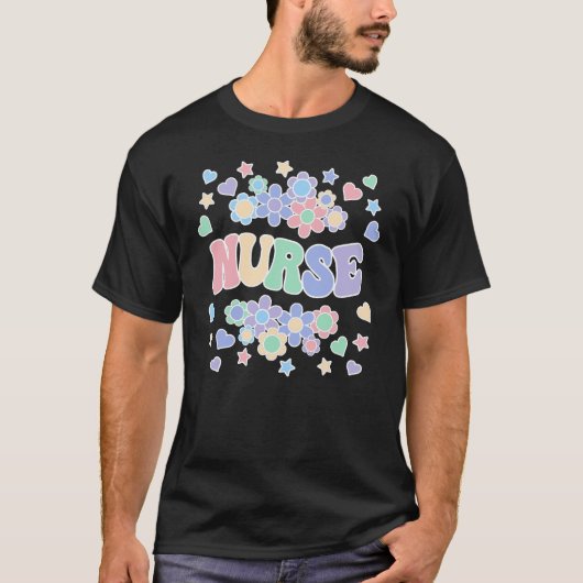 ナース-レトロGroovyヴィンテージ、花、ハート、星 Tシャツ (正面)