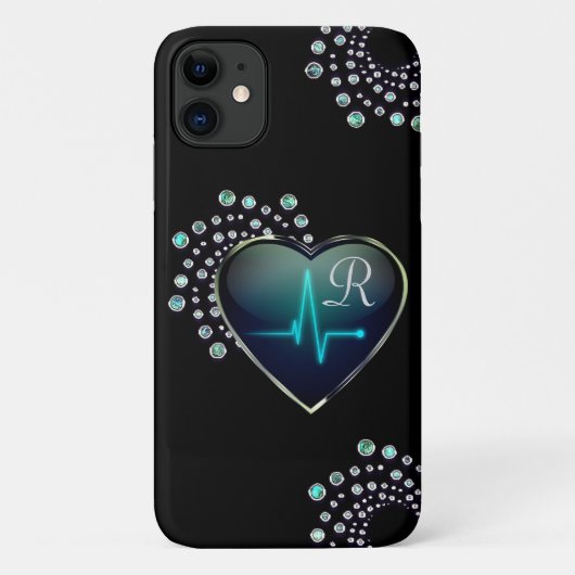 ナースEKGハートとジュエルブラックシルバーブルー Case-Mate iPhoneケース (裏面)