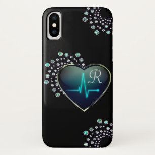 ナースEKGラインハートとジュエルブラックブルー銀 iPhone X ケース