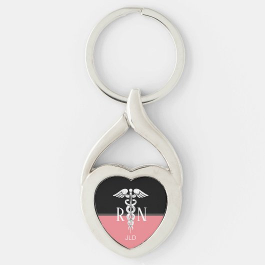 ナースRNのケリュケイオンの医学の銀製のモノグラムの珊瑚 キーホルダー (正面)