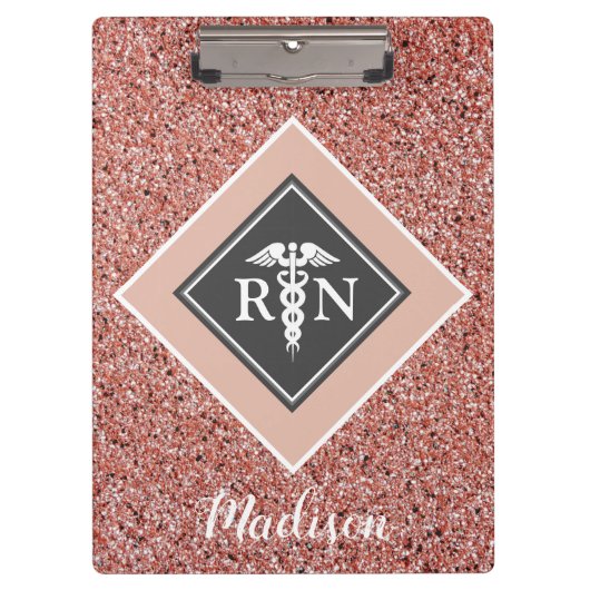 ナースRNバラ金ゴールドグリッタースクリプパーソナライズされたト クリップボード (正面)