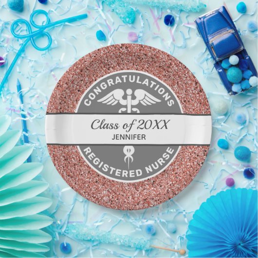 ナースRN卒業バラ金ゴールドパーソナライズされたグリッター ペーパープレート (パーティー)