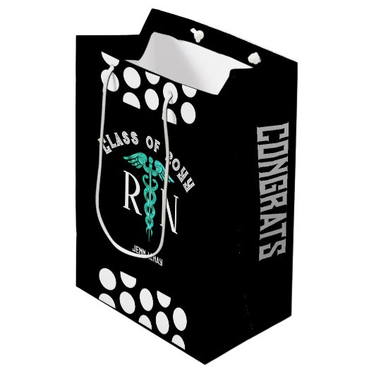 ナースRN卒業白黒 パーソナライズされた ミディアムペーパーバッグ (正面アングル)