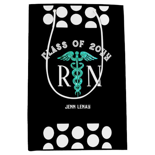ナースRN卒業白黒 パーソナライズされた ミディアムペーパーバッグ (正面)