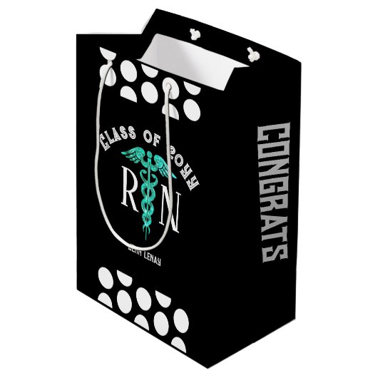 ナースRN卒業白黒 パーソナライズされた ミディアムペーパーバッグ (裏面アングル)