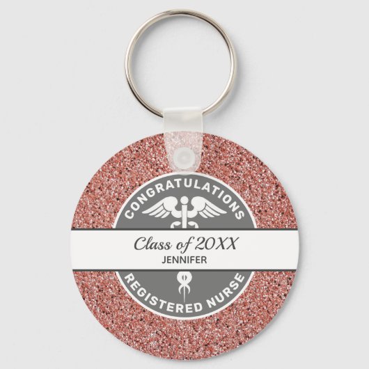 ナースRN大学院年ピンクグリッター パーソナライズされた キーホルダー (正面)
