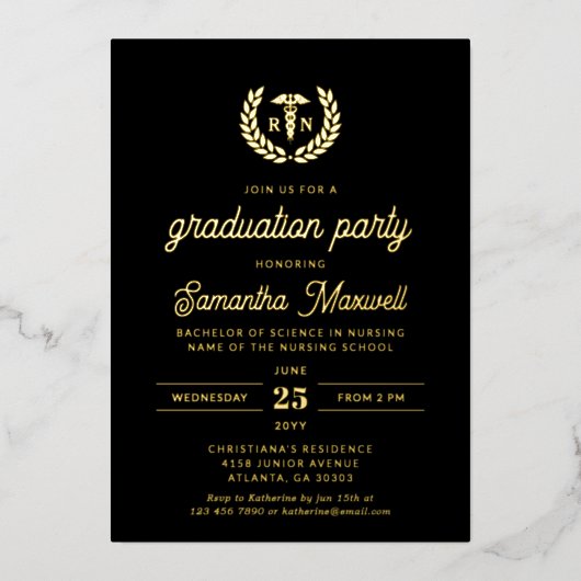 ナースRN BSN看護学校卒業パーティー 箔招待状 (正面)