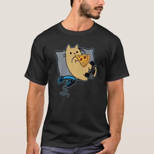 ナーディ食べピザのゲーマー猫ゲーム一時停止 Tシャツ (正面)