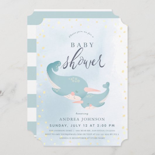 ナールウォーター色ブルーボーイベビーシャワー 招待状 (正面/裏面)