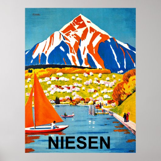 ニエゼン、スイスの湖のほとりの山頂 ポスター (正面)