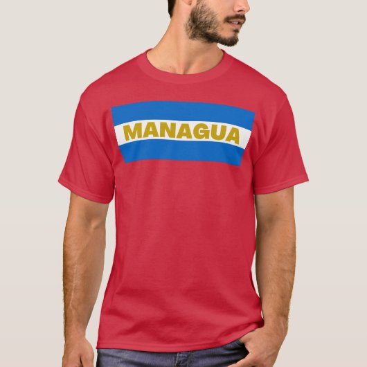ニカラグアの国旗カラーのマナグアの街の少年 Tシャツ (正面)