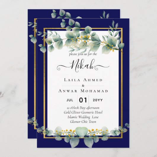 ニカ海軍ブルー金ゴールドグリーナリーユーカリ結婚ス 招待状 (正面/裏面)