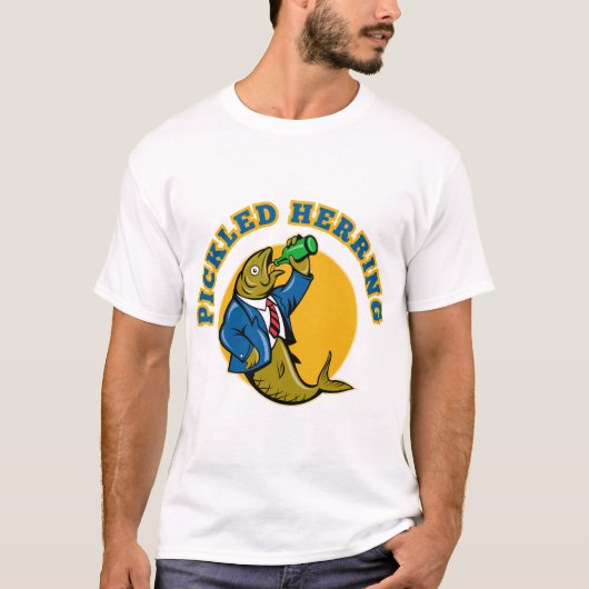 ニシンの魚のスーツの飲むビール瓶 Tシャツ (正面)