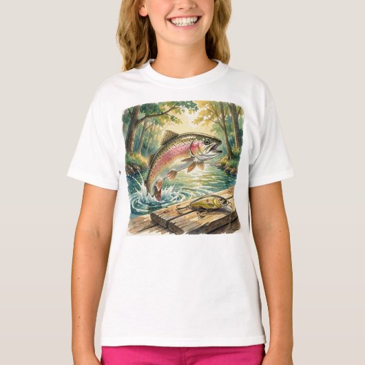 ニジマスが森の小川で飛び跳ねる水彩画 Tシャツ (正面)