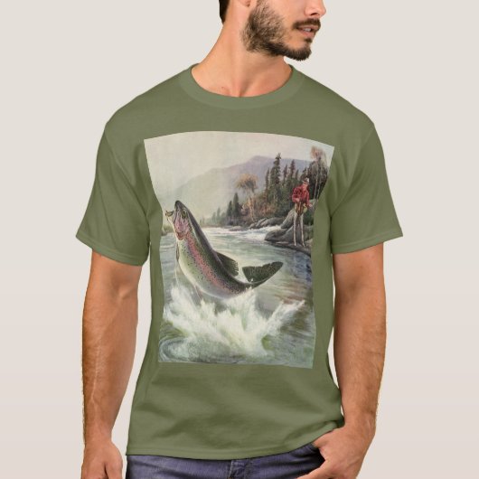 ニジマス、ビンテージフィッシャーマンの釣り Tシャツ (正面)