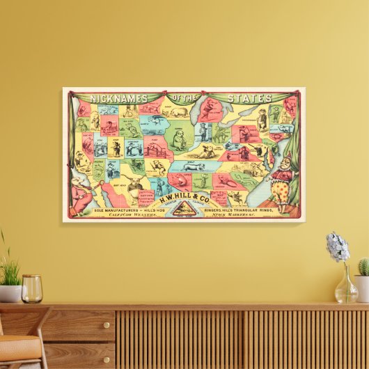 ニックネームを持つ統一された州の様式化された地図 キャンバスプリント (インサイチュ (リビング))