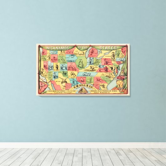 ニックネームを持つ統一された州の様式化された地図 キャンバスプリント (インサイチュ (ウッドフロア))