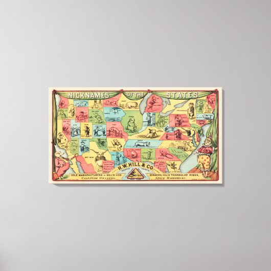 ニックネームを持つ統一された州の様式化された地図 キャンバスプリント (正面)