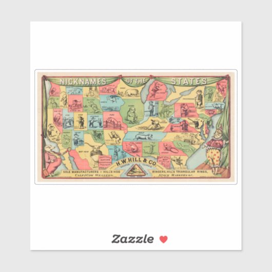ニックネームを持つ統一された州の様式化された地図 シール (シート)