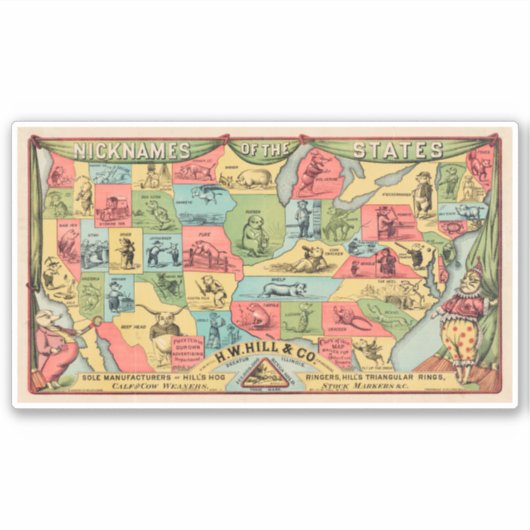 ニックネームを持つ統一された州の様式化された地図 シール (正面)