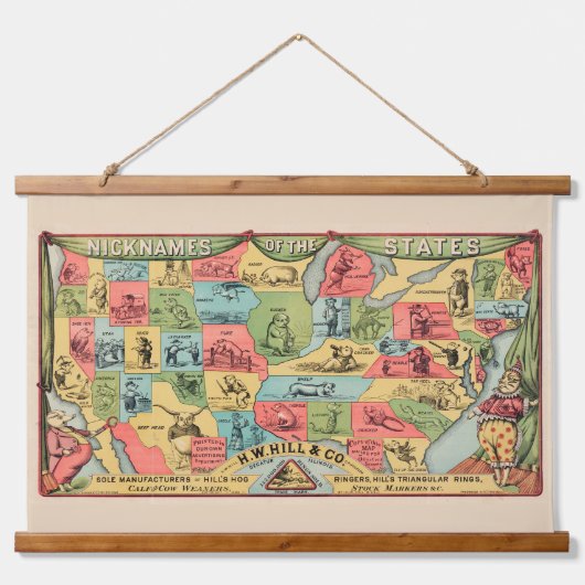 ニックネームを持つ統一された州の様式化された地図 吊り下げ型タペストリー (正面)