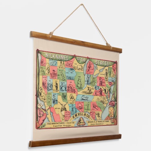 ニックネームを持つ統一された州の様式化された地図 吊り下げ型タペストリー (傾斜あり)