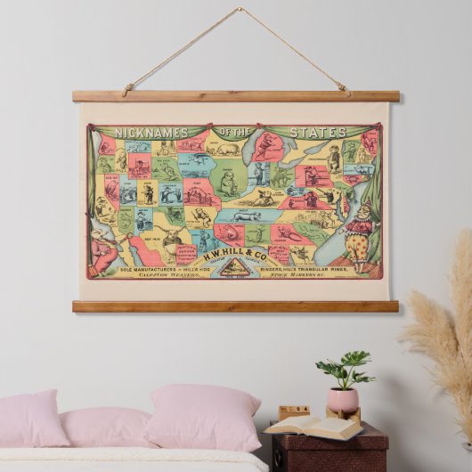 ニックネームを持つ統一された州の様式化された地図 吊り下げ型タペストリー (寝室)