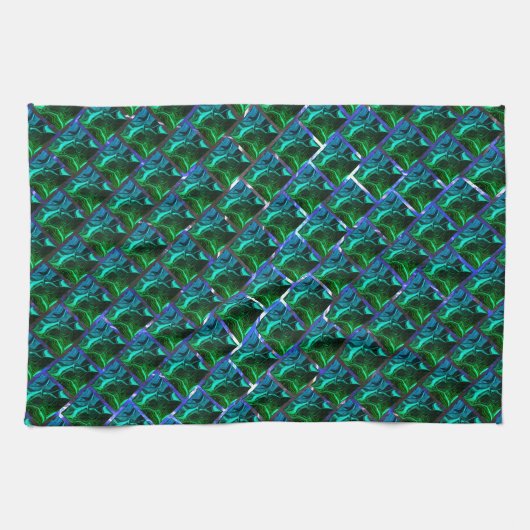 ニッケルグリッド下の緑のエメラルドと曲線 キッチンタオル (横)