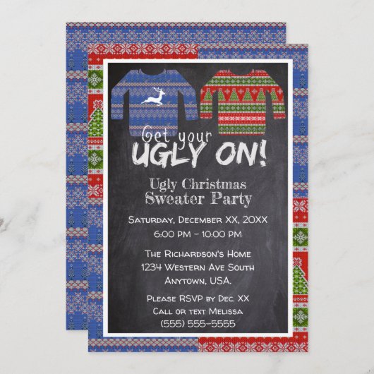 ニットのクリスマスセーターに醜いパーティー 招待状 (正面/裏面)