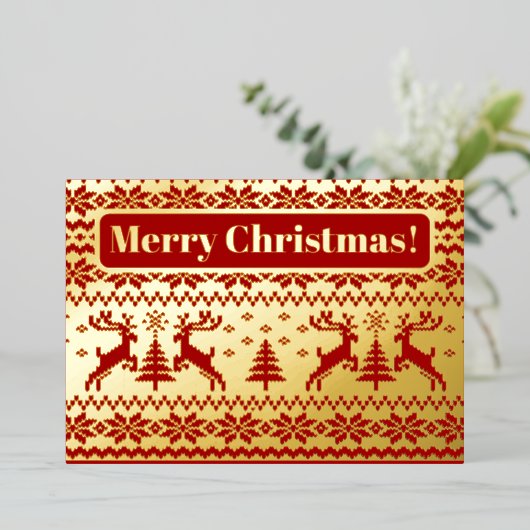 ニットのデールと金ゴールドと赤のクリスマスツリー 箔招待状 (立ち正面)